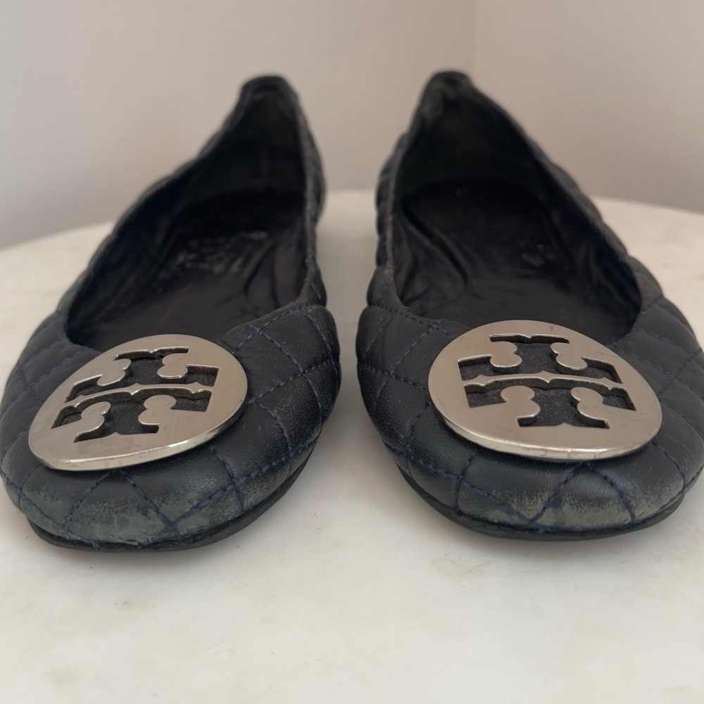 Tory Burch Black Quinn Quilted Round Toe Leather Ballet Flats Size 8 - Picture 2 of 10